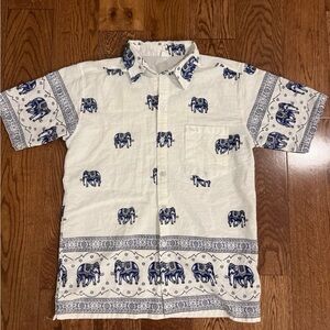 Elephant Print Casual Shirt - Blue and White Button Up Safari Africa Boho Hippie